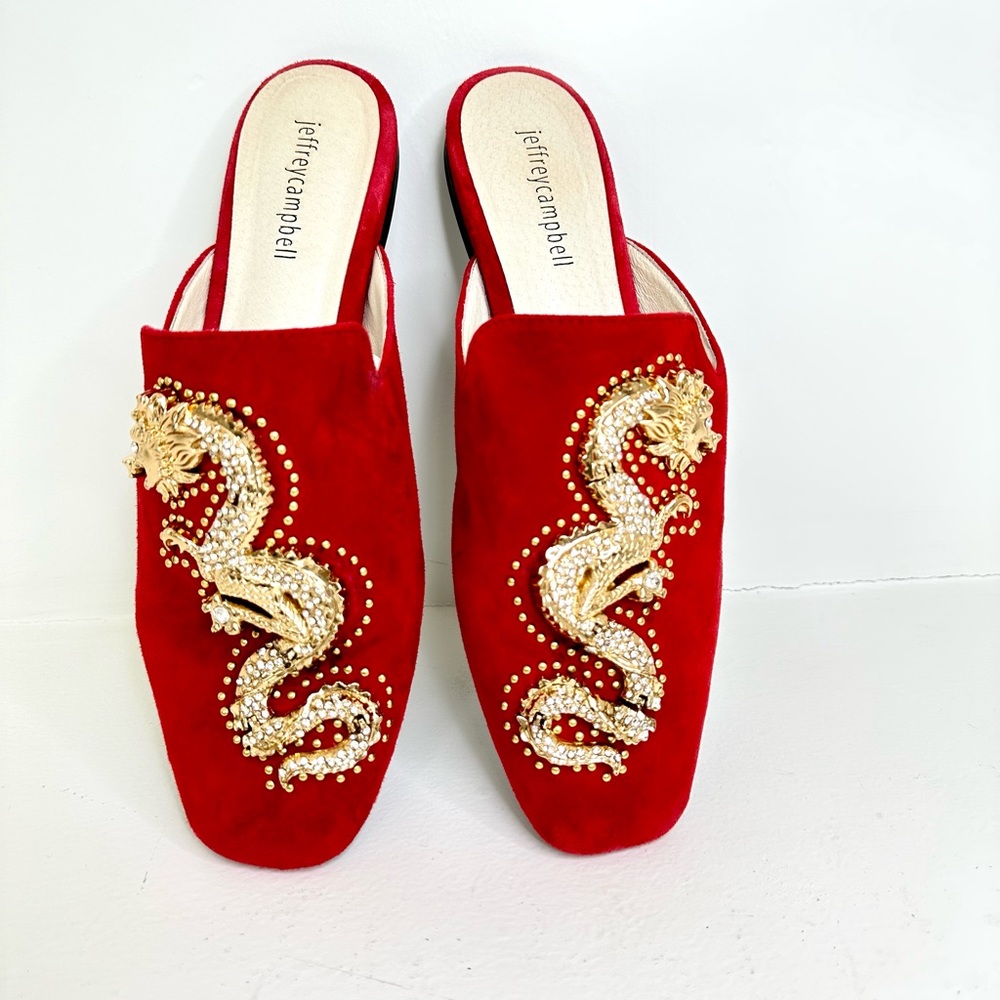 Stunning red suede slides with gold dragon detail